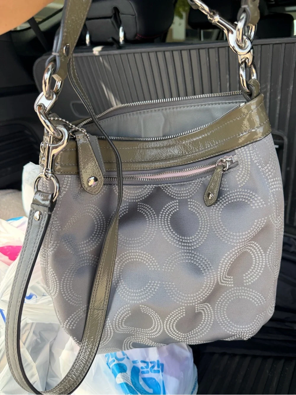 Coach Gray Signature Cosmetic Wristlet with Metallic Trim